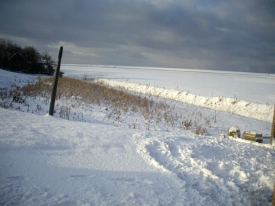 uitzicht vanuit de werkplaats op een sneeuwdag